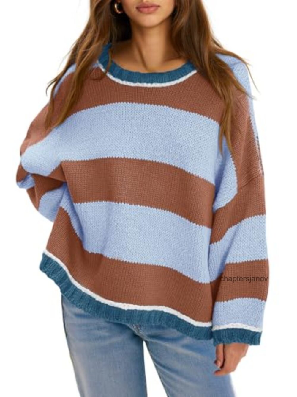 Oversized Striped Color Block Sweater Long Sleeve Crewneck Knitted Loose